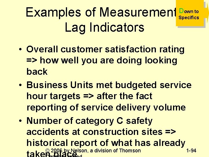 Examples of Measurements. D Lag Indicators own to Specifics • Overall customer satisfaction rating