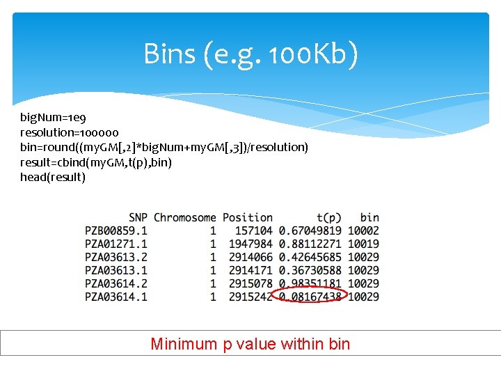 Bins (e. g. 100 Kb) big. Num=1 e 9 resolution=100000 bin=round((my. GM[, 2]*big. Num+my.