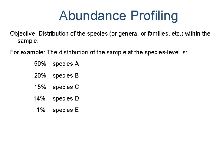 Abundance Profiling Objective: Distribution of the species (or genera, or families, etc. ) within