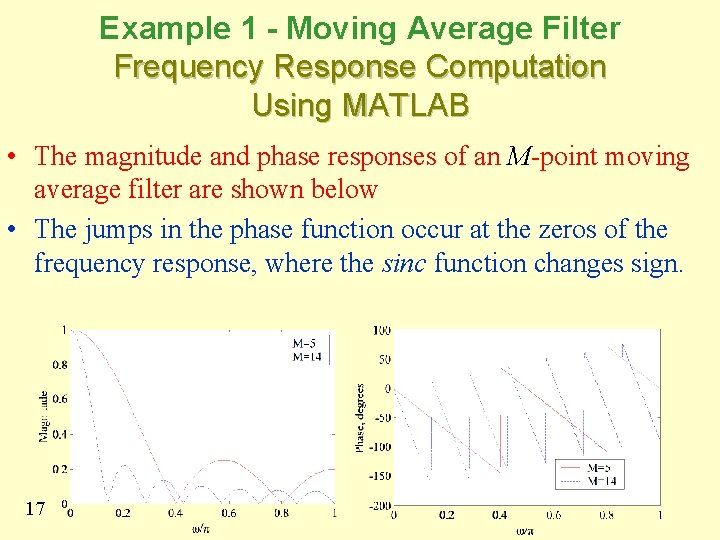 Example 1 - Moving Average Filter Frequency Response Computation Using MATLAB • The magnitude