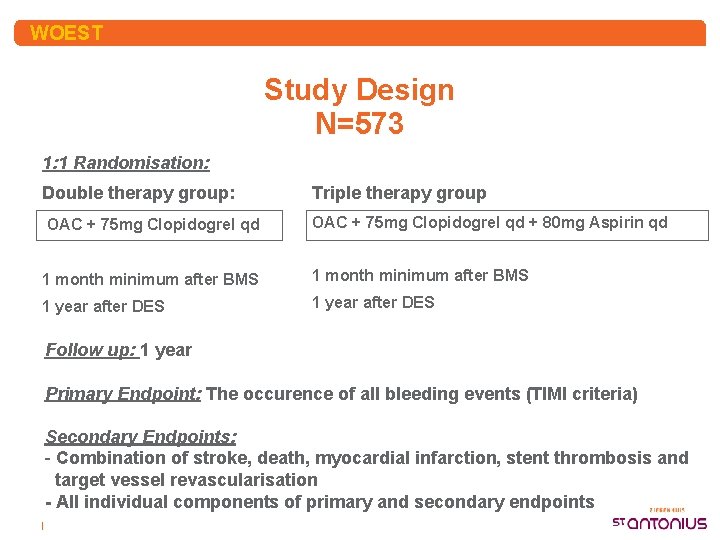 WOEST Study Design N=573 1: 1 Randomisation: Double therapy group: OAC + 75 mg