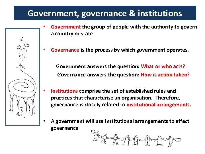 Government, governance & institutions • Government the group of people with the authority to