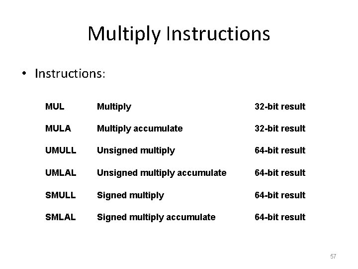 Multiply Instructions • Instructions: MUL Multiply 32 -bit result MULA Multiply accumulate 32 -bit