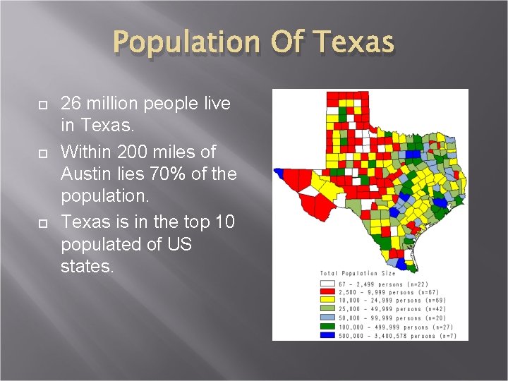 Population Of Texas 26 million people live in Texas. Within 200 miles of Austin