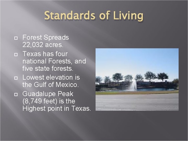 Standards of Living Forest Spreads 22, 032 acres. Texas has four national Forests, and