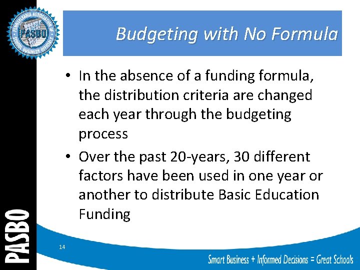 Budgeting with No Formula • In the absence of a funding formula, the distribution