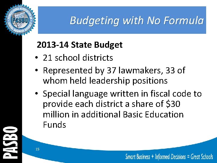 Budgeting with No Formula 2013 -14 State Budget • 21 school districts • Represented