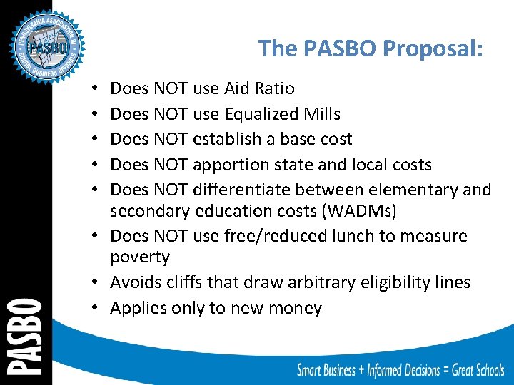 The PASBO Proposal: Does NOT use Aid Ratio Does NOT use Equalized Mills Does