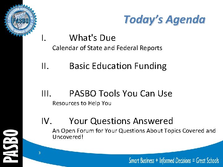 Today’s Agenda I. Calendar of State and Federal Reports II. Basic Education Funding III.