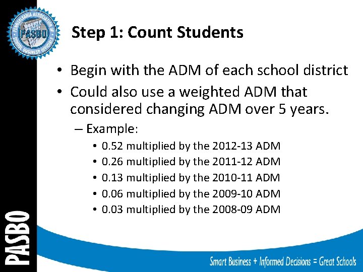 Step 1: Count Students • Begin with the ADM of each school district •