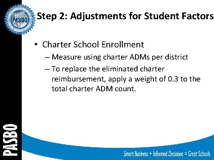 Step 2: Adjustments for Student Factors • Charter School Enrollment – Measure using charter