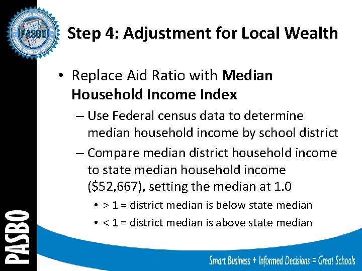 Step 4: Adjustment for Local Wealth • Replace Aid Ratio with Median Household Income