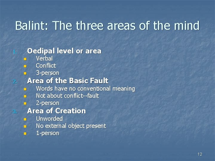 Balint: The three areas of the mind Oedipal level or area 1. n n