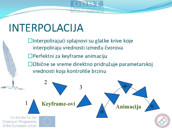 INTERPOLACIJA �Interpolirajući splajnovi su glatke krive koje interpoliraju vrednosti između čvorova �Perfektni za keyframe