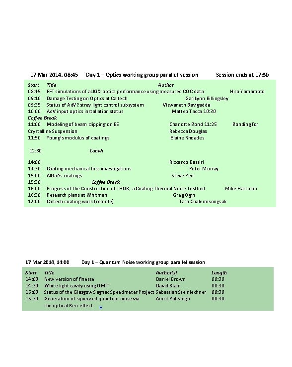 17 Mar 2014, 08: 45 Day 1 – Optics working group parallel session Session