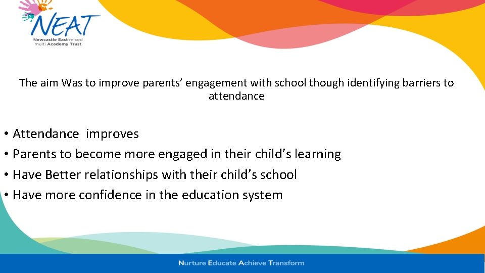 The aim Was to improve parents’ engagement with school though identifying barriers to attendance