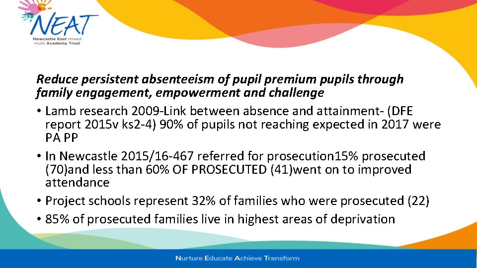 Reduce persistent absenteeism of pupil premium pupils through family engagement, empowerment and challenge •