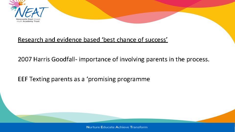 Research and evidence based ‘best chance of success’ 2007 Harris Goodfall- importance of involving