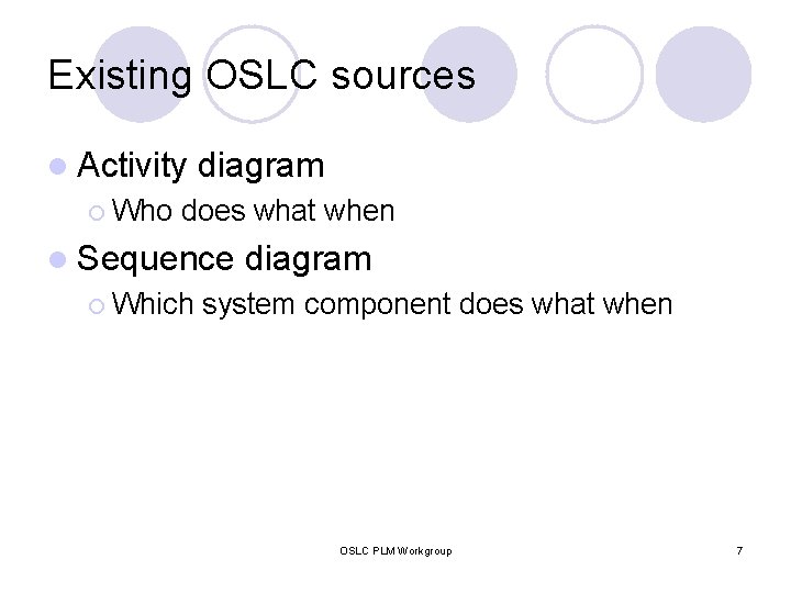 Existing OSLC sources l Activity ¡ Who diagram does what when l Sequence ¡