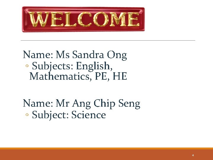 Name: Ms Sandra Ong ◦ Subjects: English, Mathematics, PE, HE Name: Mr Ang Chip