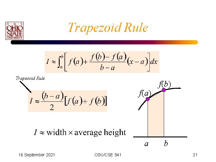 Trapezoid Rule f(a) a 16 September 2021 OSU/CSE 541 f(b) b 21 