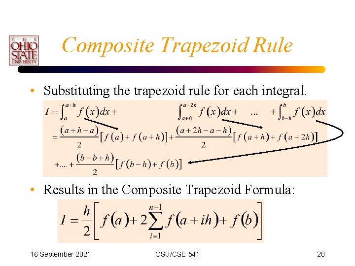 Composite Trapezoid Rule • Substituting the trapezoid rule for each integral. • Results in