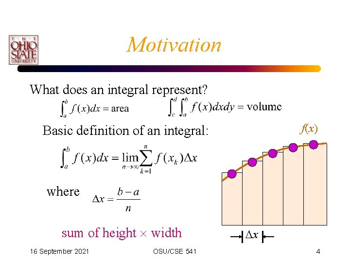 Motivation What does an integral represent? f(x) Basic definition of an integral: where sum