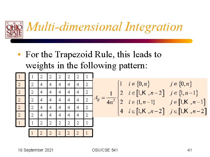 Multi-dimensional Integration • For the Trapezoid Rule, this leads to weights in the following