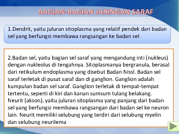 BAGIAN-BAGIAN JARINGAN SARAF 1. Dendrit, yaitu juluran sitoplasma yang relatif pendek dari badan sel