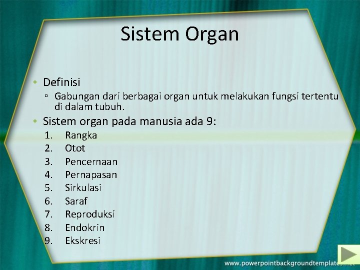 Sistem Organ • Definisi ▫ Gabungan dari berbagai organ untuk melakukan fungsi tertentu di