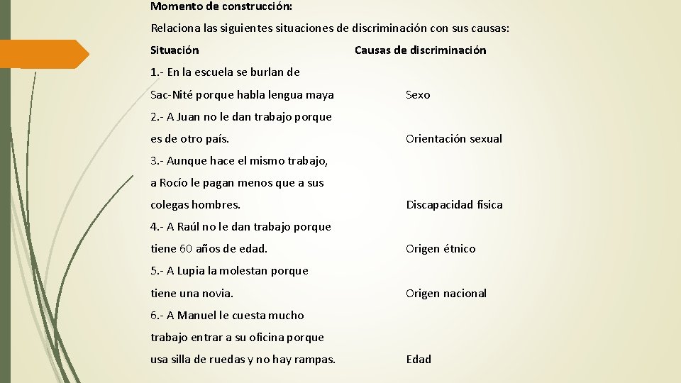 Momento de construcción: Relaciona las siguientes situaciones de discriminación con sus causas: Situación Causas