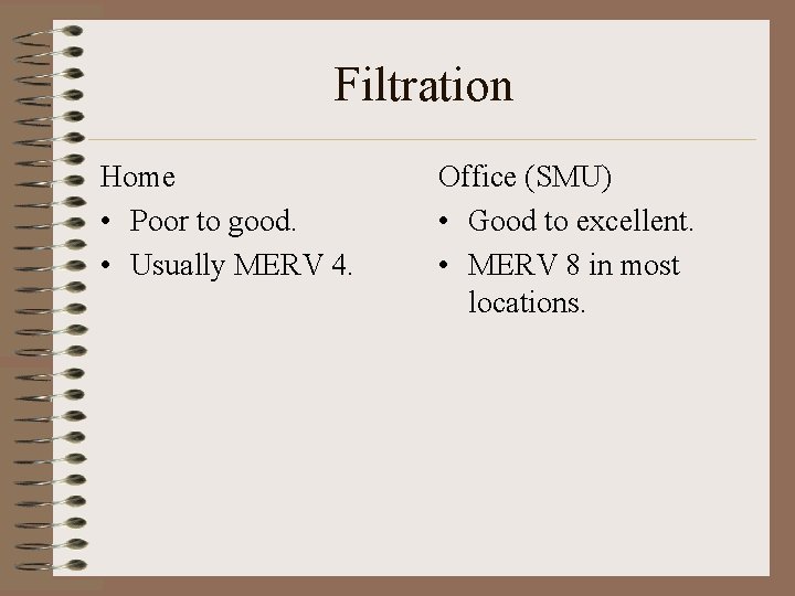 Filtration Home • Poor to good. • Usually MERV 4. Office (SMU) • Good