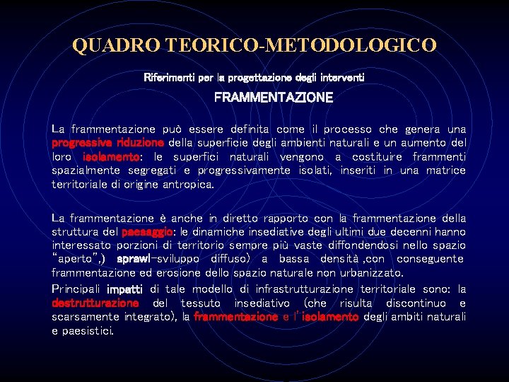 QUADRO TEORICO-METODOLOGICO Riferimenti per la progettazione degli interventi FRAMMENTAZIONE La frammentazione può essere definita