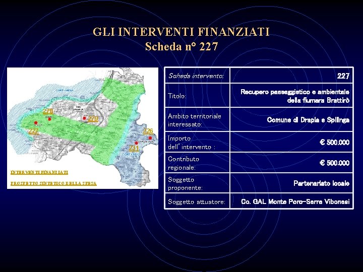 GLI INTERVENTI FINANZIATI Scheda n° 227 Scheda intervento: Titolo: 278 Ambito territoriale interessato: 279