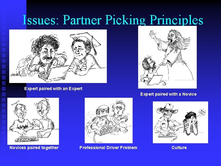 Issues: Partner Picking Principles Expert paired with an Expert paired with a Novices paired