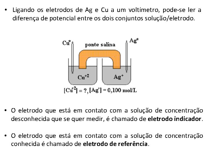  • Ligando os eletrodos de Ag e Cu a um voltímetro, pode-se ler
