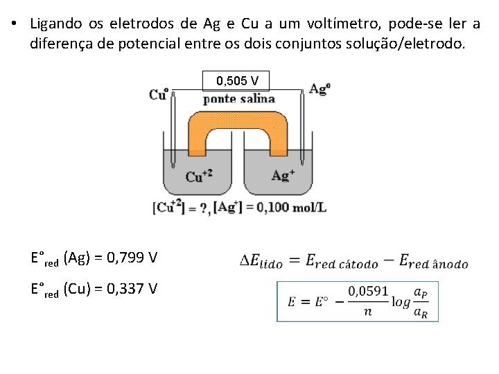  • Ligando os eletrodos de Ag e Cu a um voltímetro, pode-se ler