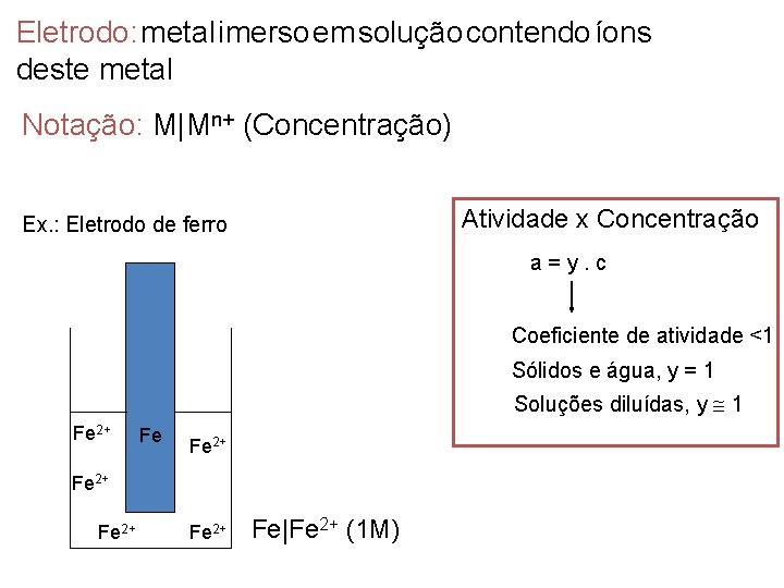 Eletrodo: metal imerso em solução contendo íons deste metal Notação: M|Mn+ (Concentração) Atividade x