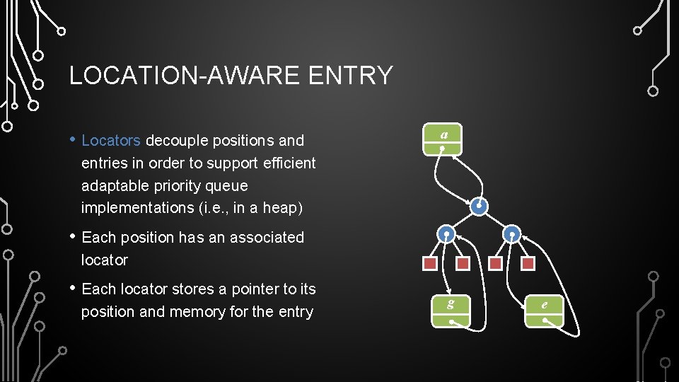 LOCATION-AWARE ENTRY • Locators decouple positions and a entries in order to support efficient