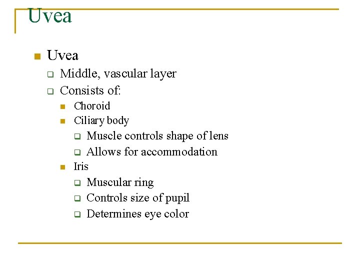 Uvea n Uvea q q Middle, vascular layer Consists of: n n Choroid Ciliary