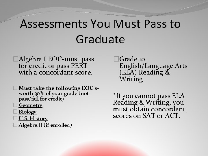 Assessments You Must Pass to Graduate �Algebra I EOC-must pass for credit or pass