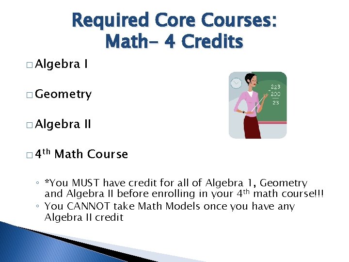 Required Core Courses: Math- 4 Credits � Algebra I � Geometry � Algebra �