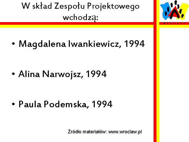 W skład Zespołu Projektowego wchodzą: • Magdalena Iwankiewicz, 1994 • Alina Narwojsz, 1994 •