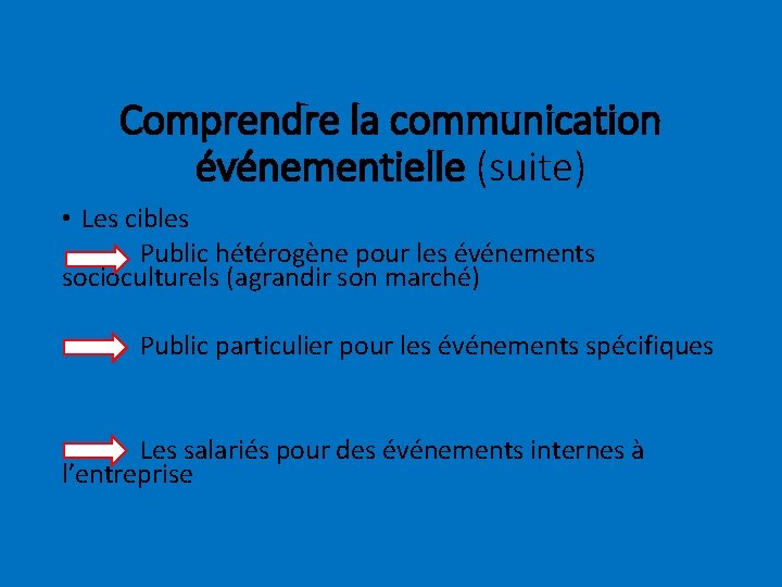 Comprendre la communication événementielle (suite) • Les cibles Public hétérogène pour les événements socioculturels