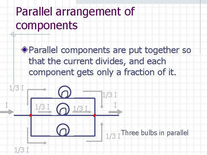 Parallel arrangement of components Parallel components are put together so that the current divides,