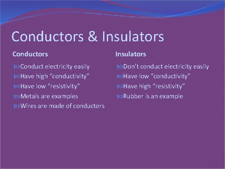 Conductors & Insulators Conductors Insulators Conduct electricity easily Have high “conductivity” Have low “resistivity”