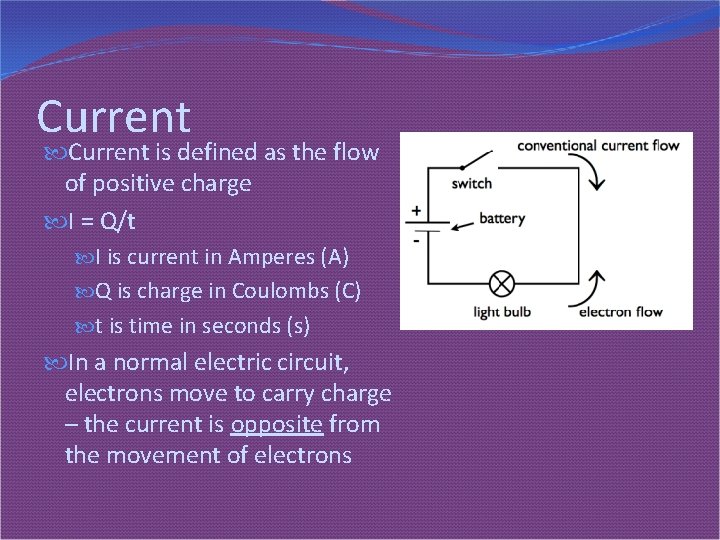 Current is defined as the flow of positive charge I = Q/t I is