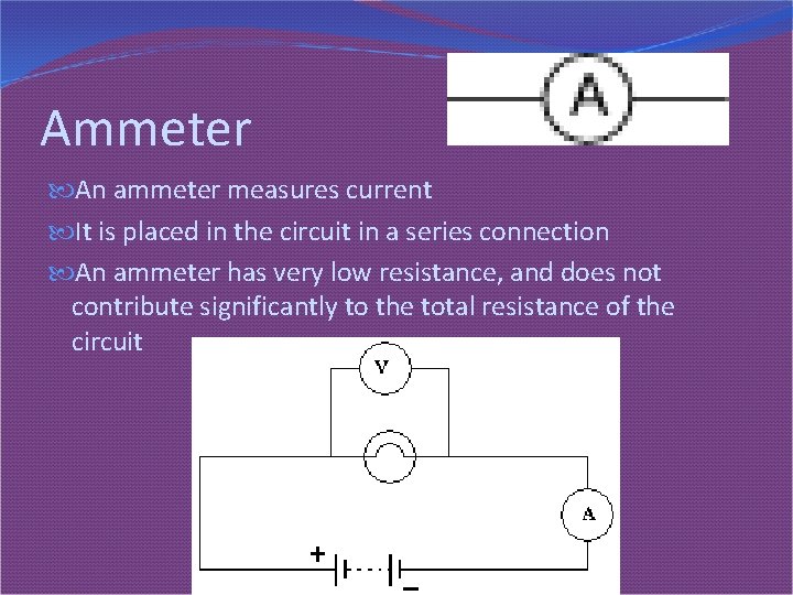 Ammeter An ammeter measures current It is placed in the circuit in a series