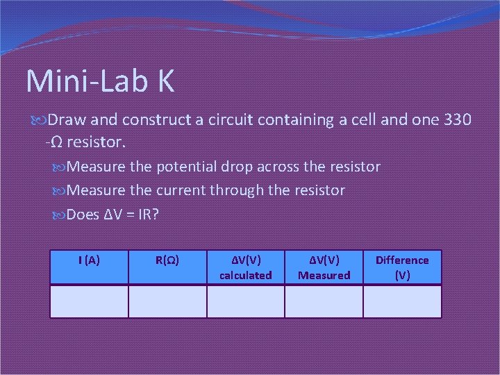 Mini-Lab K Draw and construct a circuit containing a cell and one 330 -Ω