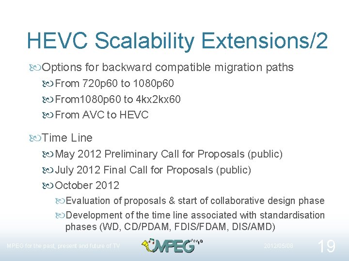 HEVC Scalability Extensions/2 Options for backward compatible migration paths From 720 p 60 to